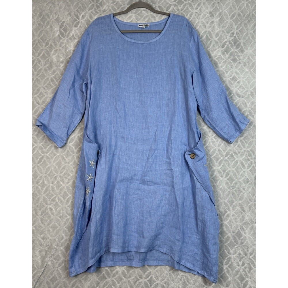 Couleur Lin Linen Midi Dress 10/12 Large IT46 Blue Asymmetrical Lagenlook Artsy